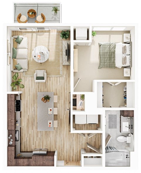 Floor plan for 1 bed, 1 bath, 754 sqft